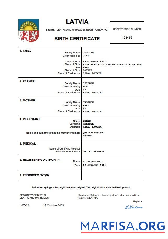 Downloadable Latvia vital record birth certificate Word and PDF template